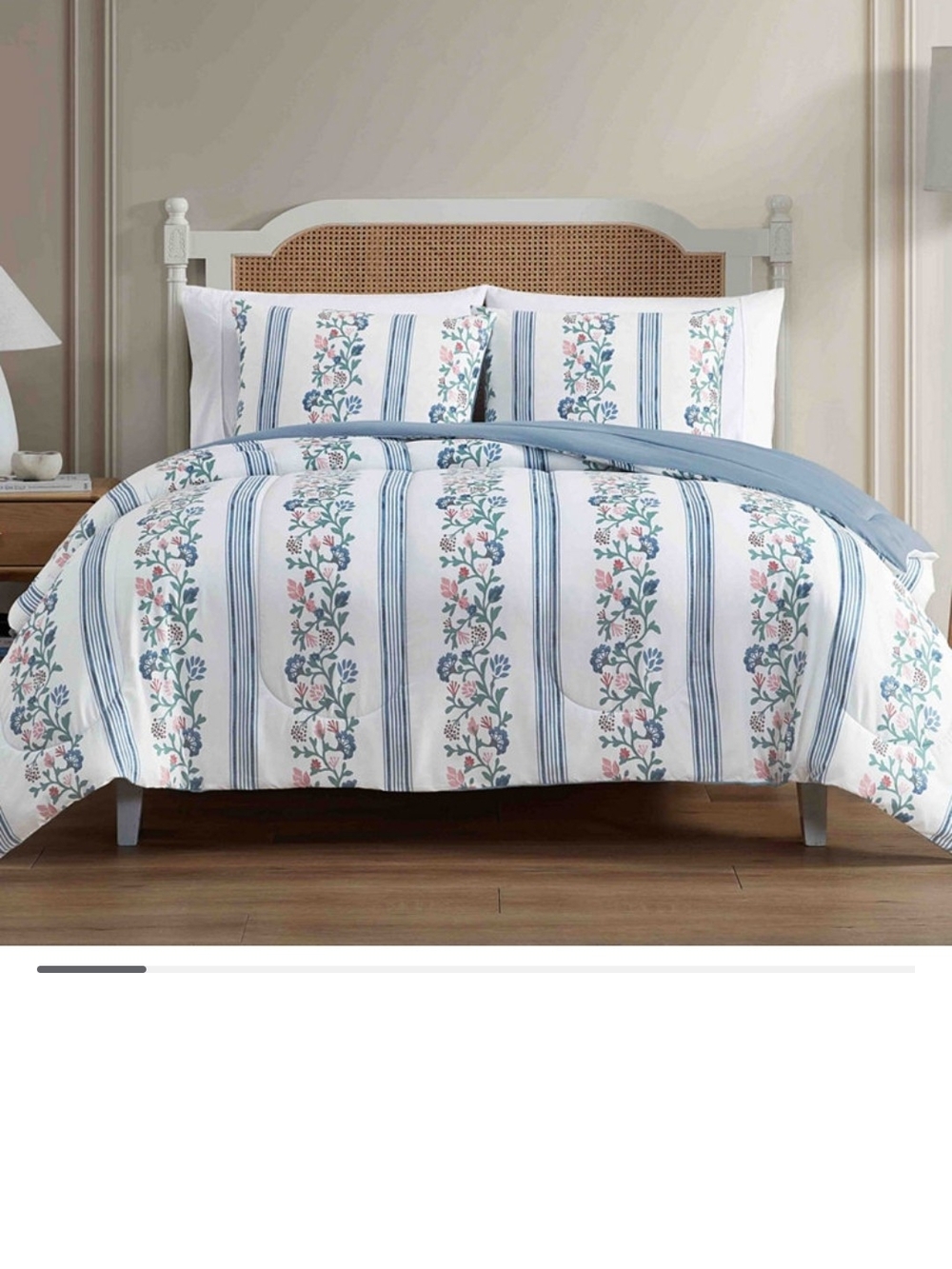 Blue and White Floral Stripe Comforter Set by Vanelisse 3 Piece King Size